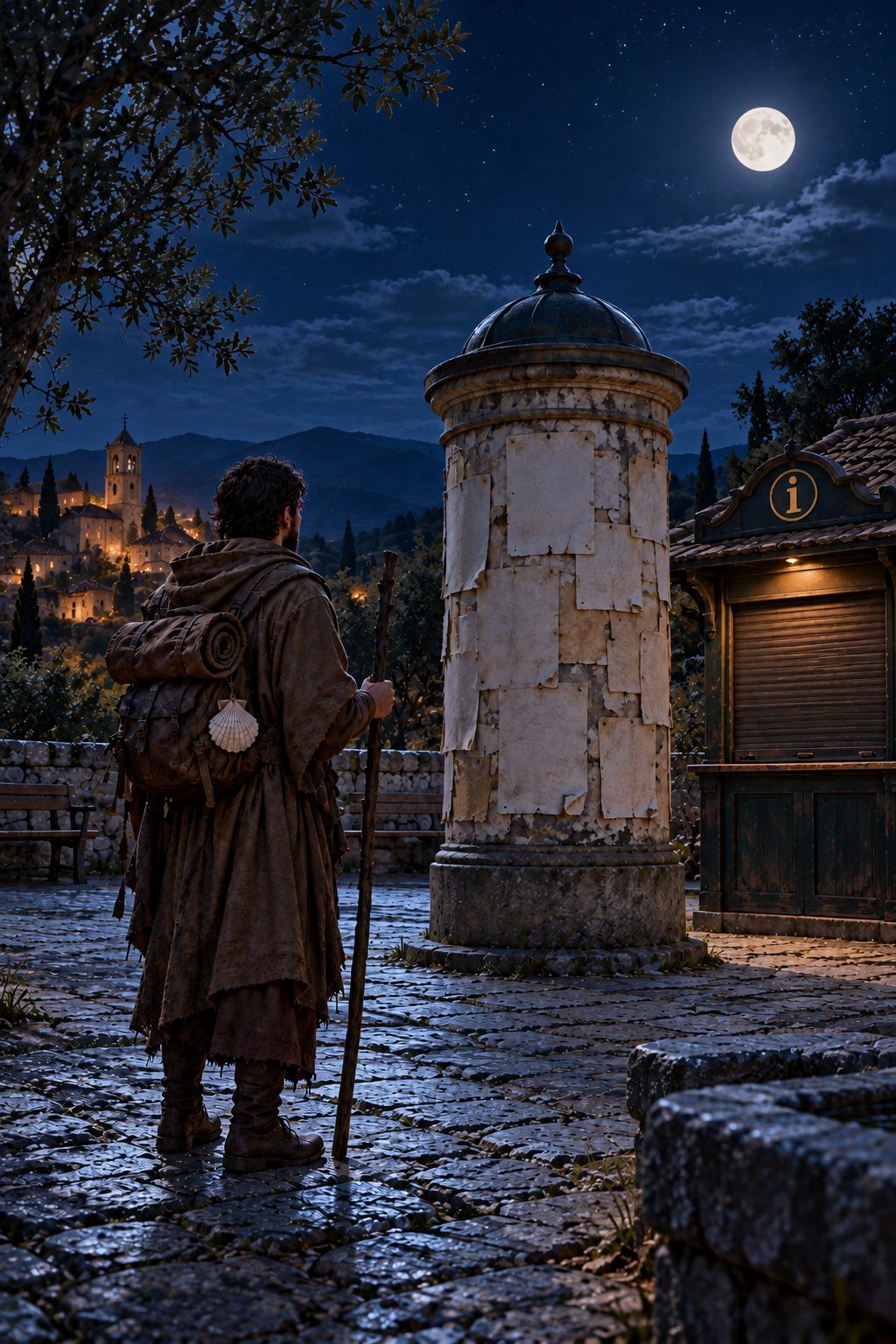 The pilgrim on a moonlit square beside an old advertising column covered in blank paper and a closed information kiosk