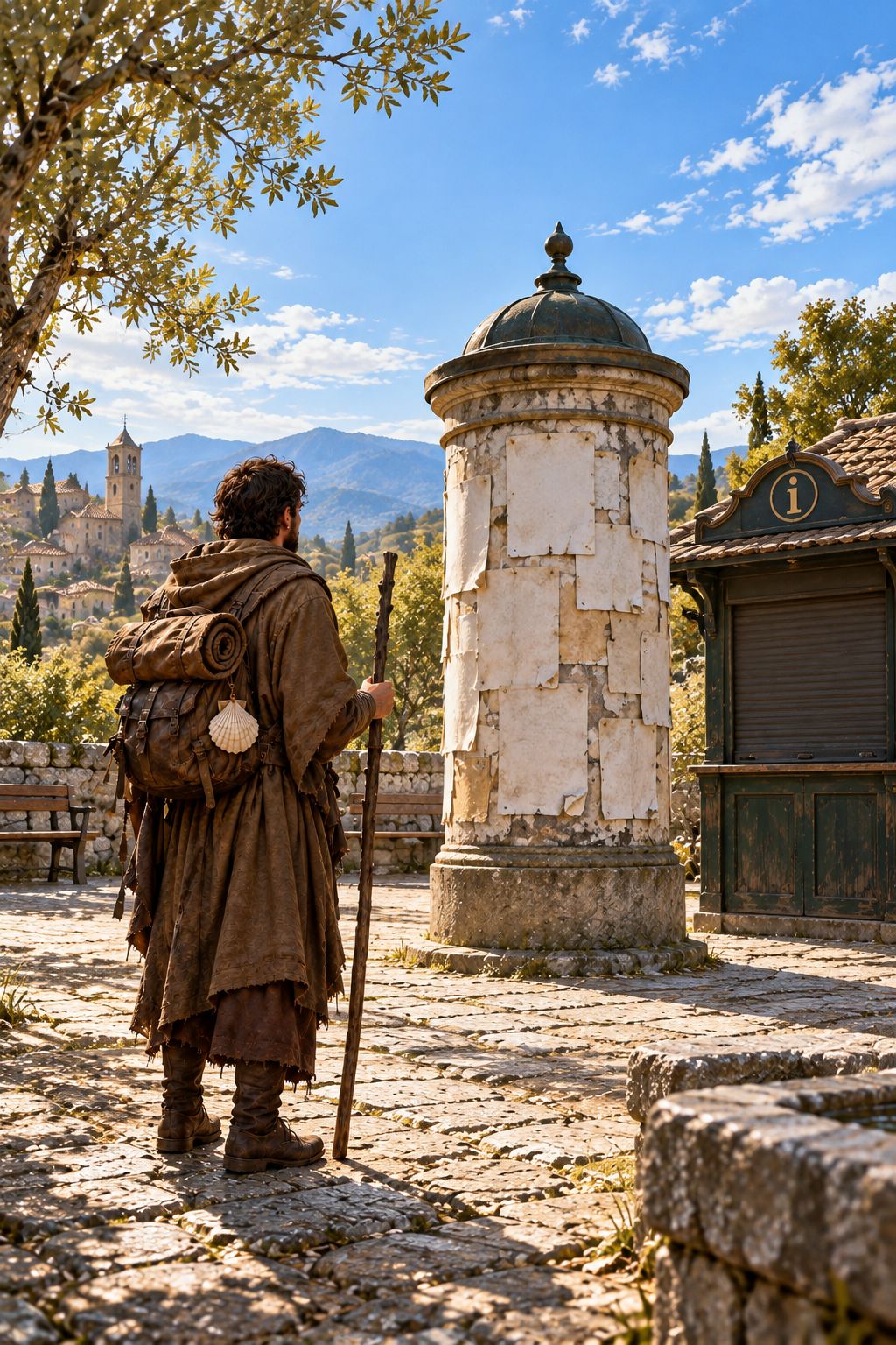The pilgrim beside the blank column in daylight